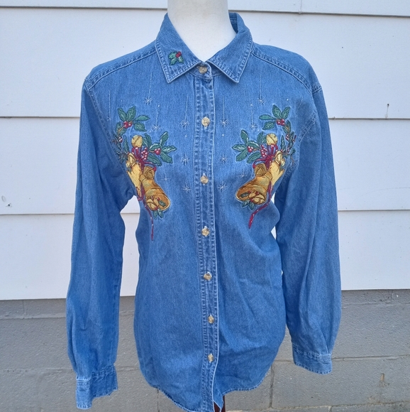 Vintage Christmas Blue Jean Button Up - Picture 2 of 6